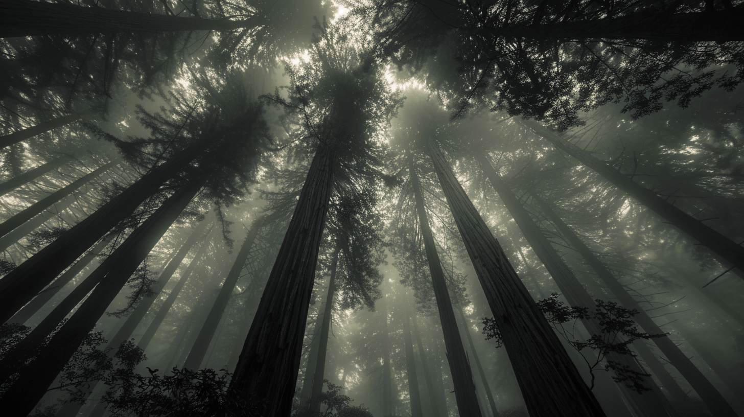 Misty redwood canopy